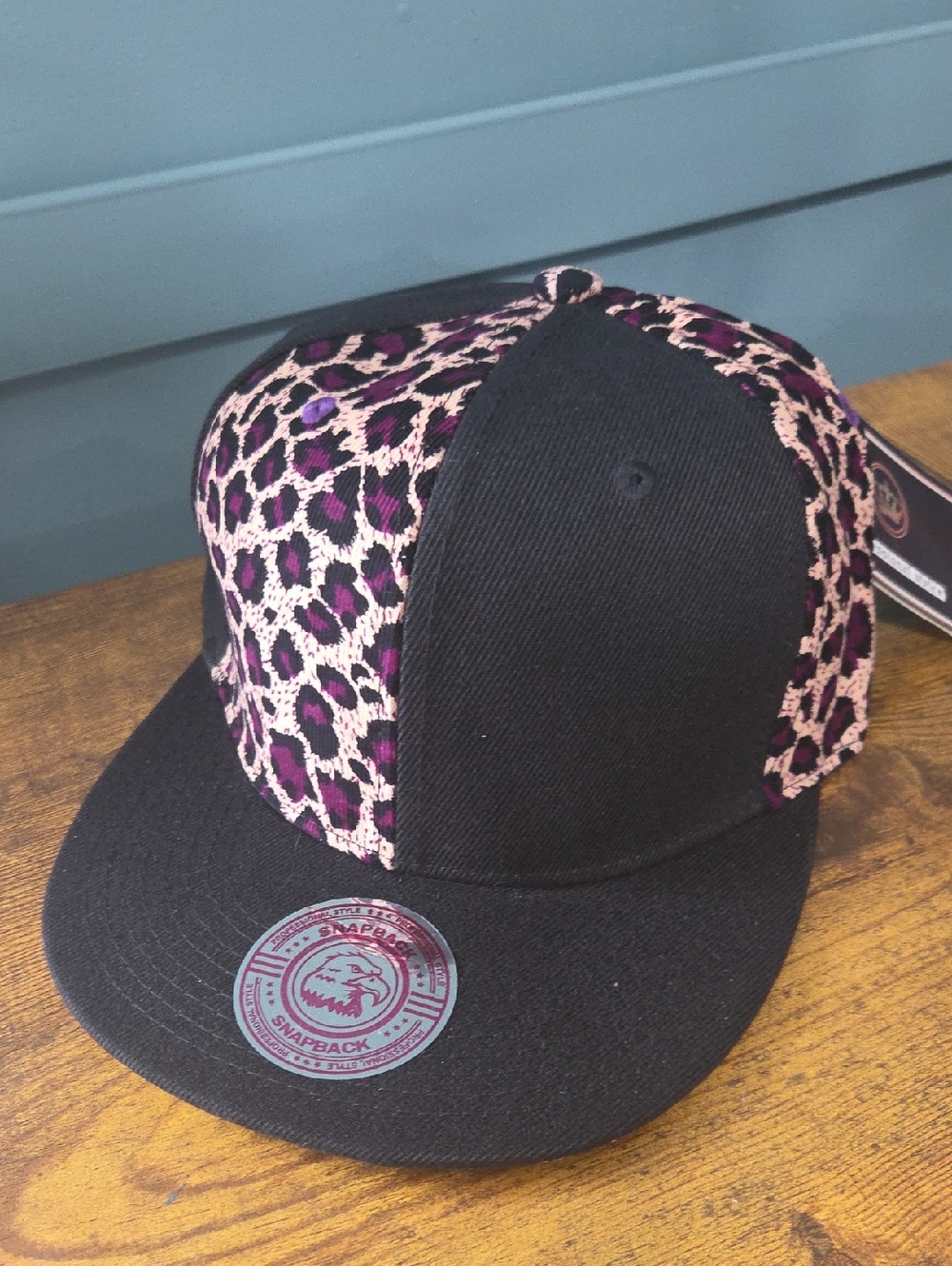 Black Snapback Hat with Pink/Purple Leopard Panels